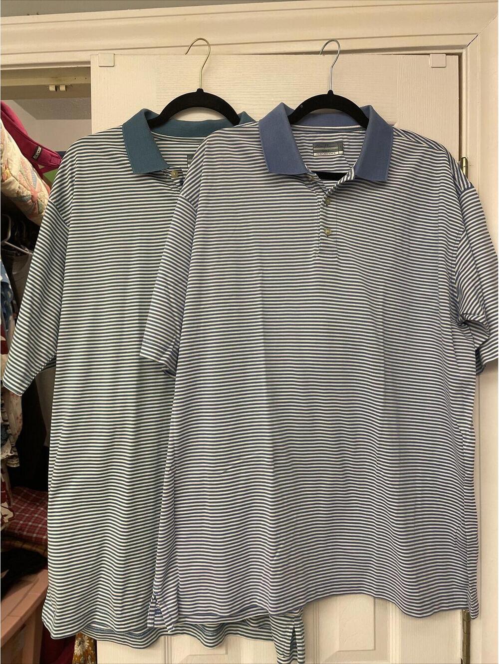 Lot of 2 Allan Flusser Golf Performance Striped Button Polo Shirts. Size L.